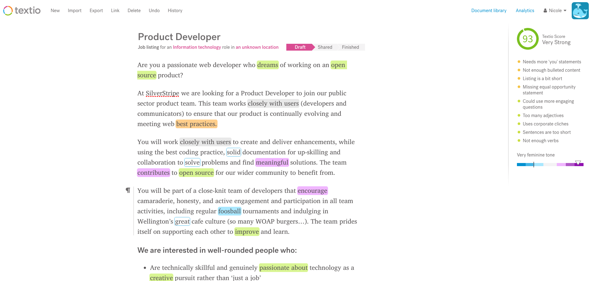 Textio checking for gendered language in SilverStripe product developer ad