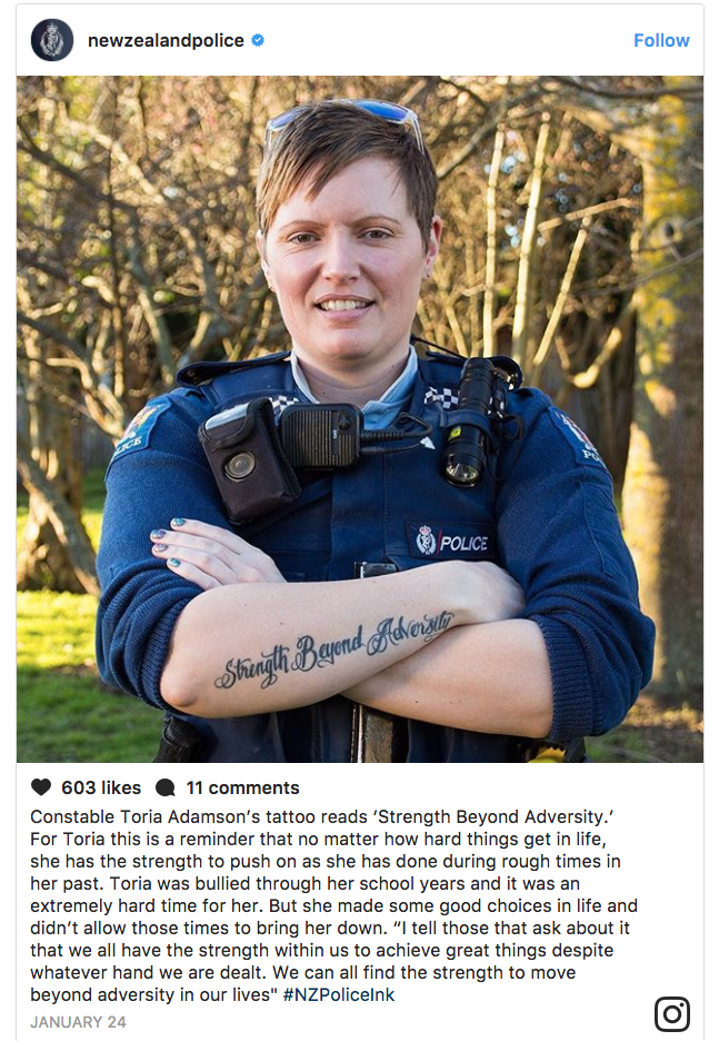 New Zealand police Constable Toria Adamson on Instagram post