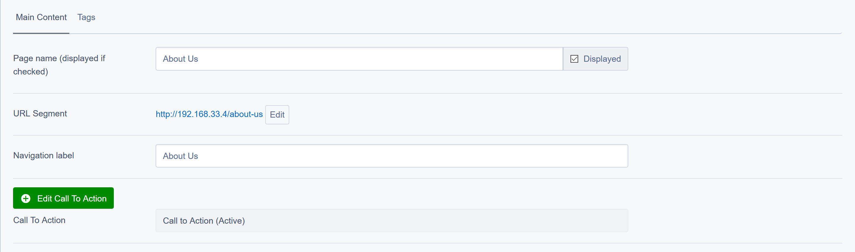 Editing the Call to Action page
