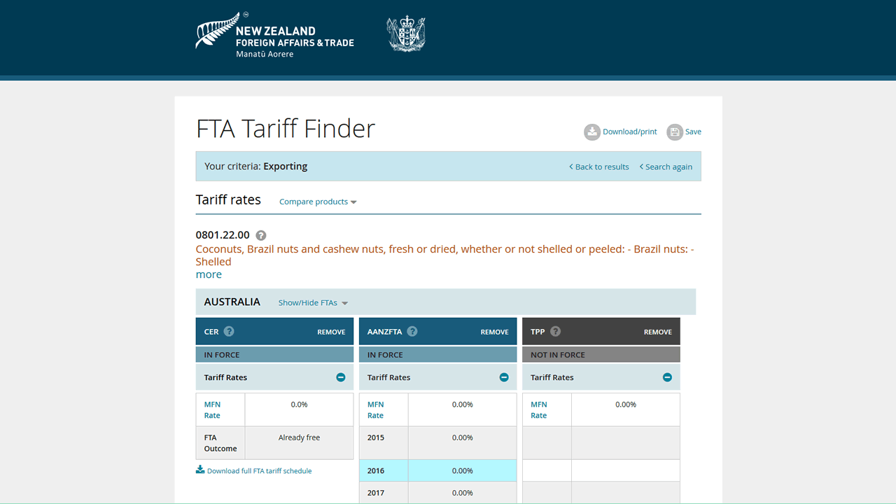 MFAT Tariff Finder Application (Deviate)