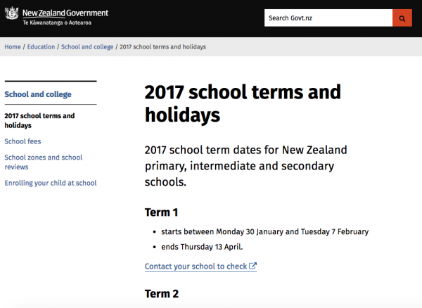 govt.nz school holidays page
