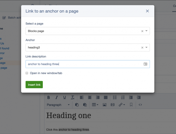 Silverstripe CMS 4.5 showing the ability to create and link anchors in content