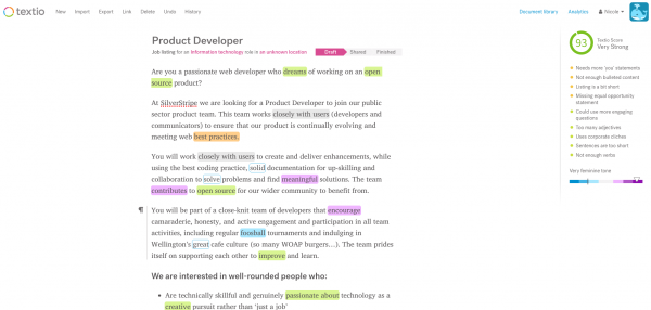 Textio checking for gendered language in SilverStripe product developer ad
