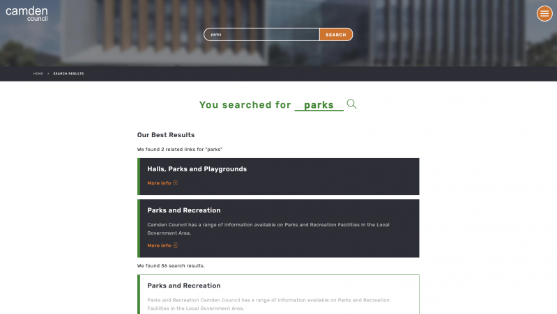 Screenshot of the search results page, search term parks