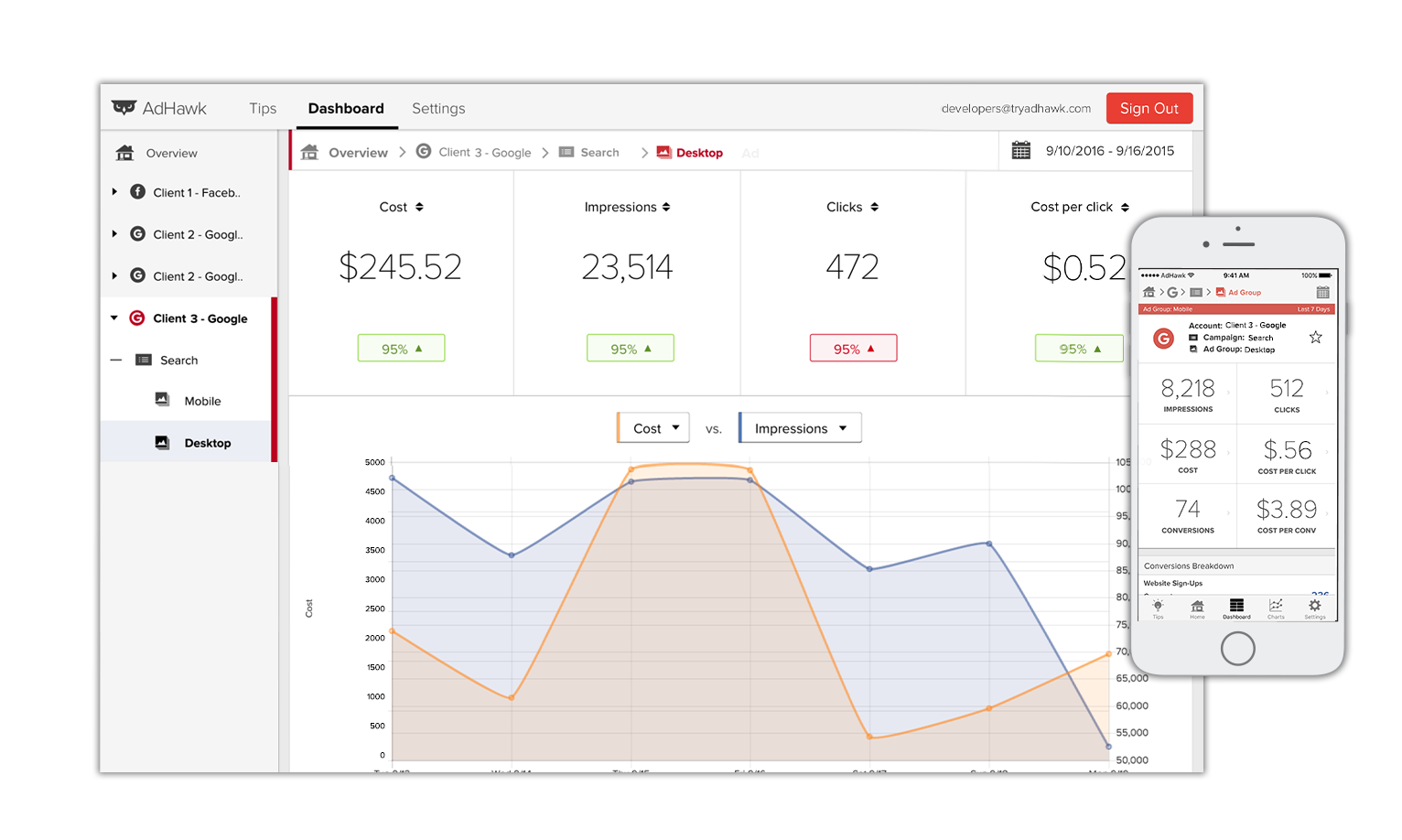 adhawk desktop dashboard and mobile assistant view 