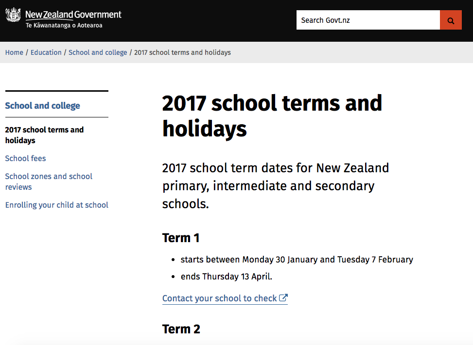 govt.nz school holidays page