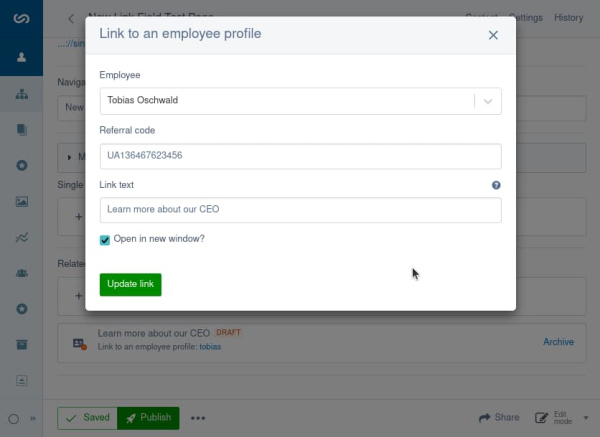 Advanced link modal screen shot