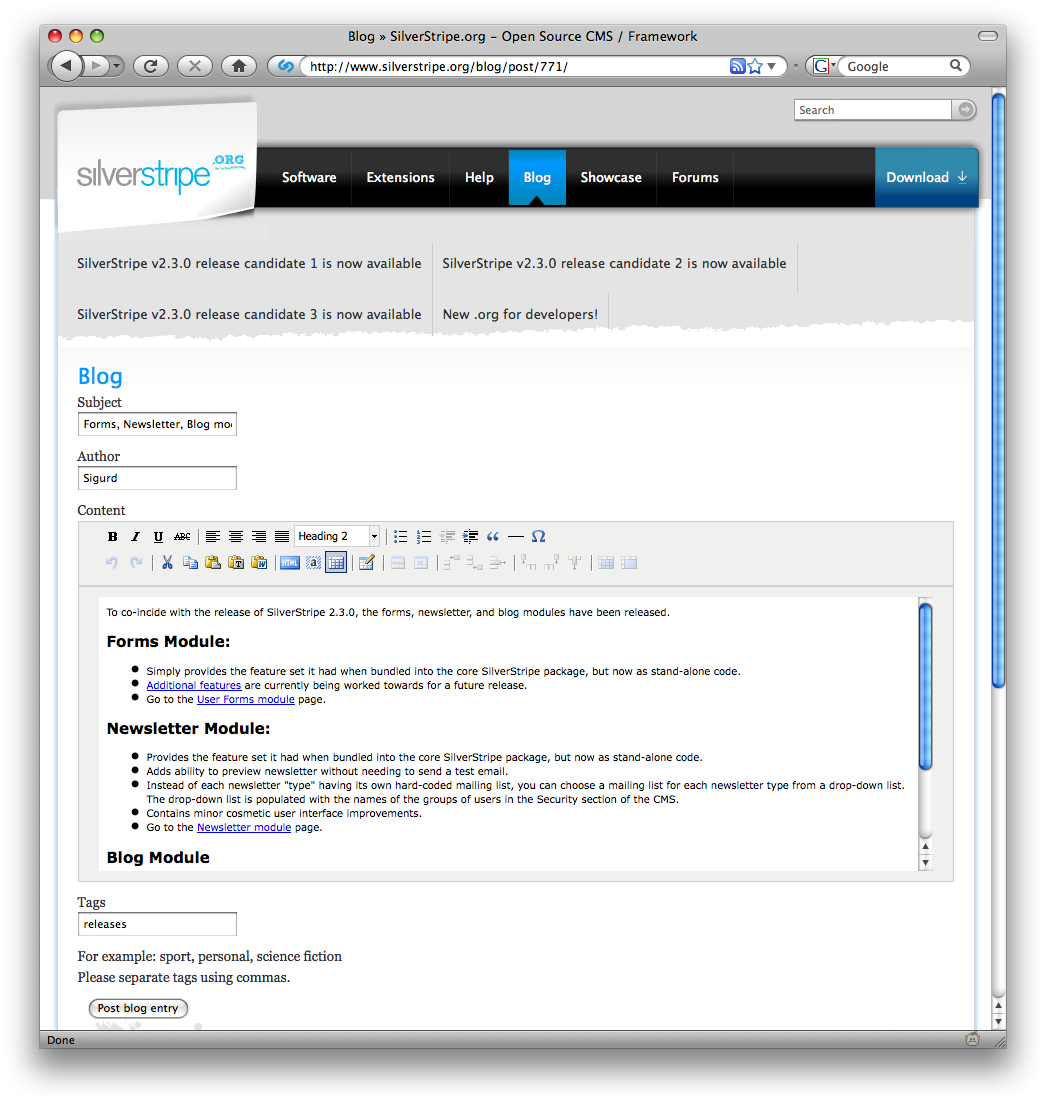 SilverStripe 2.3.0 now allows the TinyMCE editor to be shown on public-facing