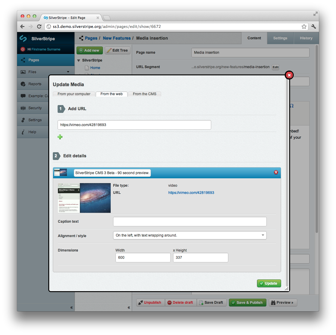 SilverStripe 3 screenshot - inserting video