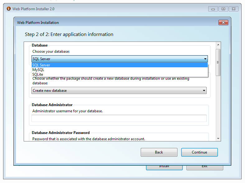 WebPI and SilverStripe 2.4 installer showing choice of SQL Server database