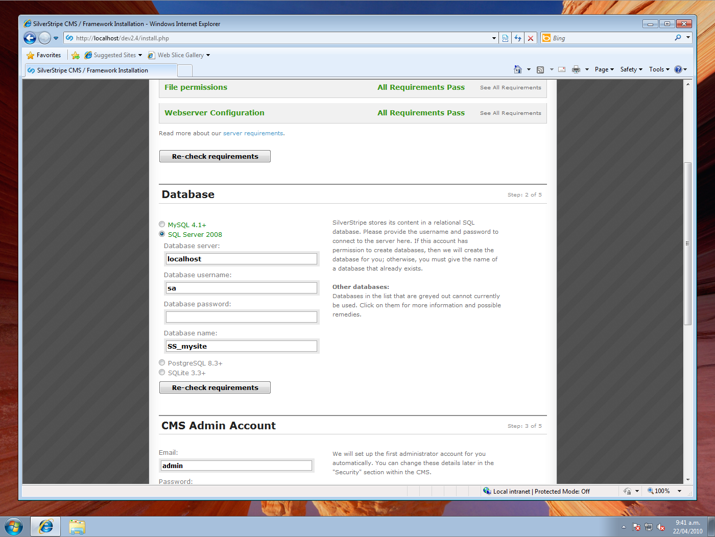 SilverStripe 2.4 installer showing choice of SQL Server database